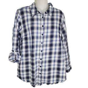 Joan Rivers Womens Plaid Button Shirt Fringe Hem Medium Pockets Blue A347332